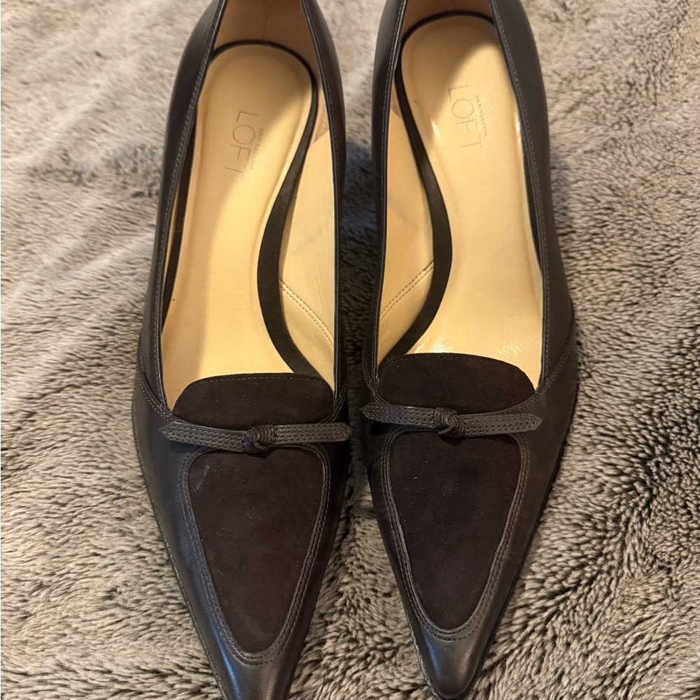 LOFT Dark Brown Pointed-Toe Heels with Bow Detail